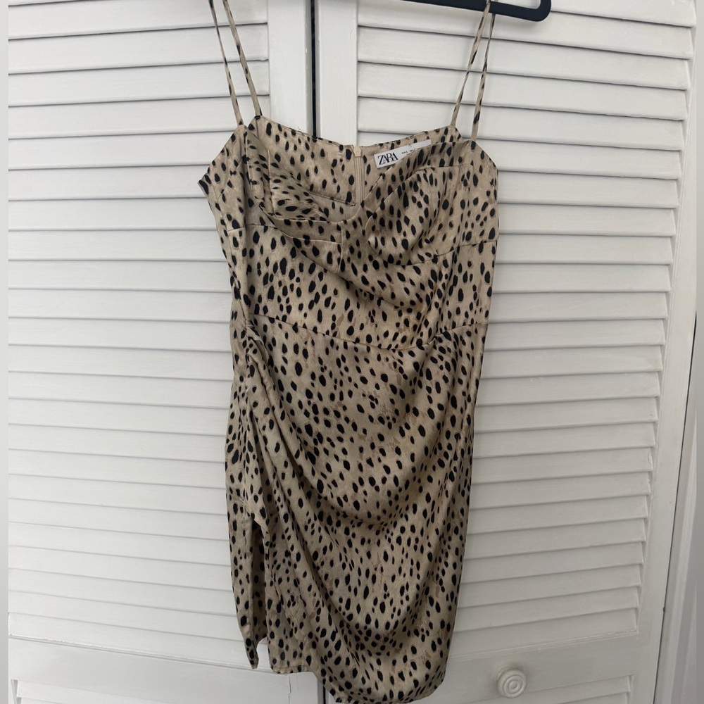 Zara Beige and Black Leopard-Spot Slip Mini Dress